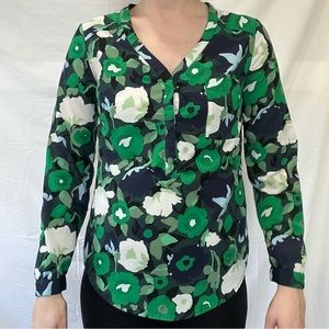 Merona Green/Navy Blue Floral Blouse, Size Small